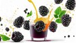  Fresh blackberries and juice in air on white background. high quality photo