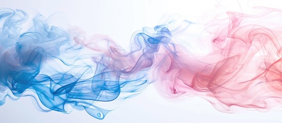 Wall Mural - A vibrant gesture of electric blue and magenta smoke emerging from the water on a white background, resembling a modern art painting