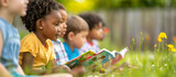 Fototapeta Most - A diverse group of preschool children sits together in the garden, happily reading their books