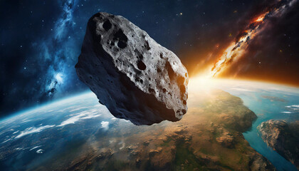Wall Mural - Huge asteroid in space flying towards planet earth. View from space.