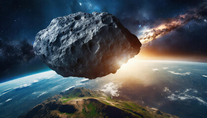 Wall Mural - Huge asteroid in space flying towards planet earth. View from space.