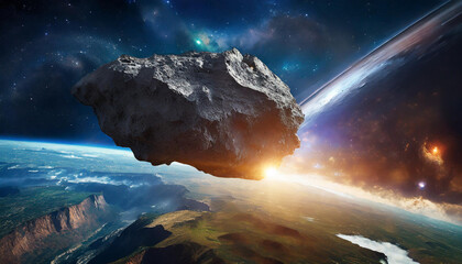 Wall Mural - Huge asteroid in space flying towards planet earth. View from space.