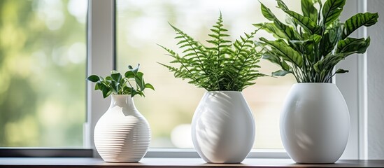 Wall Mural - Three houseplants in flowerpots adorn a table near a window, enhancing the interior design of the house