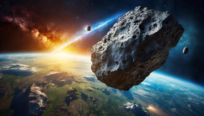 Wall Mural - Huge asteroid in space flying towards planet earth. View from space.