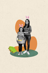 Poster - Vertical creative collage of cute family mother daughter hold eggs basket easter concept weird freak bizarre unusual fantasy billboard