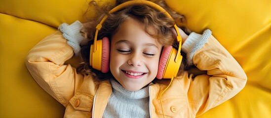 Canvas Print - A happy toddler, with a smile on her face and headphones on her ears, is laying on a yellow couch enjoying some fun time