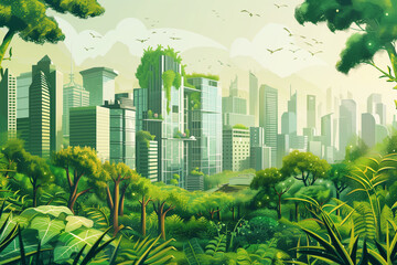 Wall Mural - Eco-friendly cityscape with green buildings and renewable energy sources.