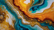 Abstract fluid art masterpiece in alcohol ink technique, featuring a harmonious blend of colors forming transparent waves and radiant golden swirls, exuding an aura of serene luxury.