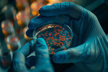 Wall Mural - A scientist wearing blue gloves holding a petri dish with bacteria or virus samples