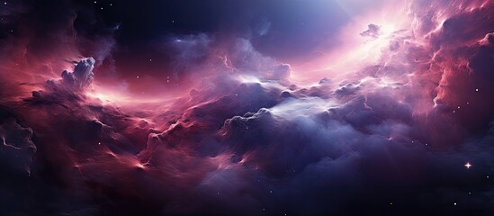 Wall Mural - A majestic natural landscape painting capturing a cloudy sky in space with purple and violet hues, cumulus clouds, and the movement of wind and water