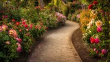 Fototapeta Koty - Serene Rose Garden Pathway with Colorful Blooms AI Generated.