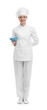 © New Africa - Happy woman chef in uniform holding bowl on white background