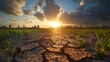 The sun sets dramatically over land showing signs of new growth emerging through cracked, parched earth, symbolizing hope and renewal.