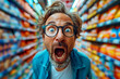 An excited man with glasses standing in a grocery store aisle, wide-eyed with an open mouth, showing an expression of amazement