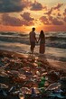 The concept of criticizing the pollution of nature, water, the planet by recklessly throwing garbage and waste all around. A  romantic photo of a sunset, a beach, a couple in love covered in trash.