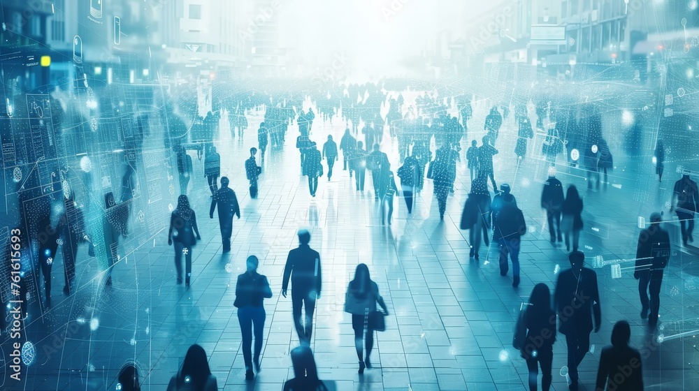 Silhouettes of people walking on a city street with a futuristic ...