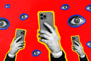 Sticker - Collage image artwork of hand hold modern mobile phone human eyes paparazzi isolated on drawing background