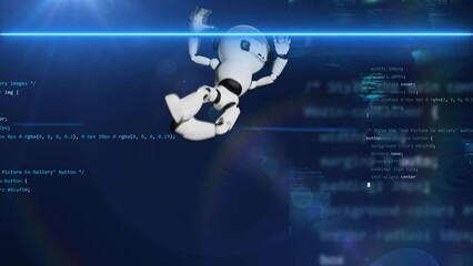 Wall Mural - climbing ai chat bot robot. glowing lights, programming code software and mechanical robot hang out 