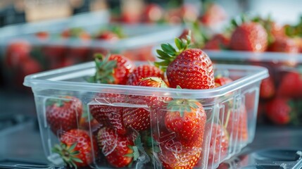 Wall Mural - Freshly picked strawberries in a plastic container, Refreshing and nutritious snack