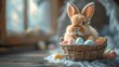 Cute bunny with Easter eggs, radiating joy in 3D.