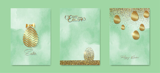 Wall Mural - set card Happy Easter gold texture, luxury green watercolor background. Easter holiday invitations templates collection, hand drawn lettering and gold easter eggs. Vector fashion illustration