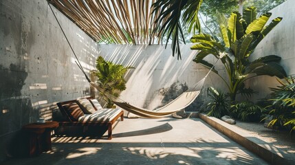 Wall Mural - A minimalist outdoor terrace with a solitary hammock and a palm tree    AI generated illustration