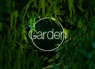 Wall Mural - tropical plants background with neon light with garden letterings against leaves, circle neon light