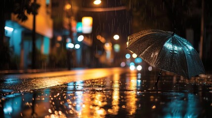 A quiet rainy street night light scene with an empty umbrella on the sidewalk     AI generated illustration