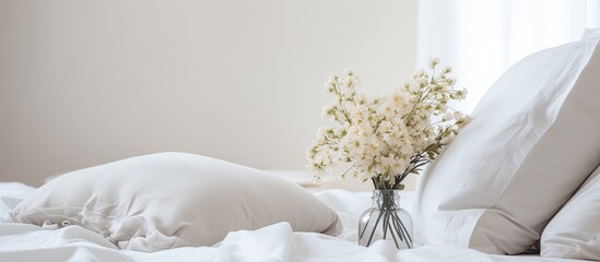 Poster - A bed with crisp white sheets and pillows adorned with a vase of fresh flowers, adding a touch of nature and beauty to the room