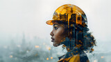 Fototapeta Perspektywa 3d - Collage silhouette of a woman in profile in a yellow helmet, in a silhouette image of buildings under construction. Double exposure of female construction worker in helmet and cityscape. Mixed media.