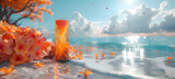 Fototapeta Perspektywa 3d - Refreshing drink on tropical beach at sunset. A cold, refreshing beverage sits on a sandy beach with orange flowers, the ocean in the background at sunset, implying a relaxing vacation vibe