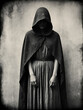 mysterious woman with black cloak and old wall antique photo style