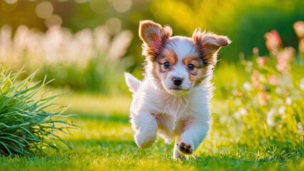 Wall Mural - Cute little Papillon puppy running in the grass on a sunny day