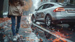 Mysterious ambiance as a woman observes the aftermath of a car crash on a wet city street with falling leaves