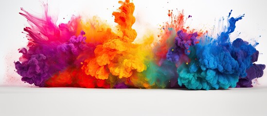 Poster - An event showcasing a bunch of colorful paint powder explosions resembling petals in a sky blue and magenta art rectangle on a white background