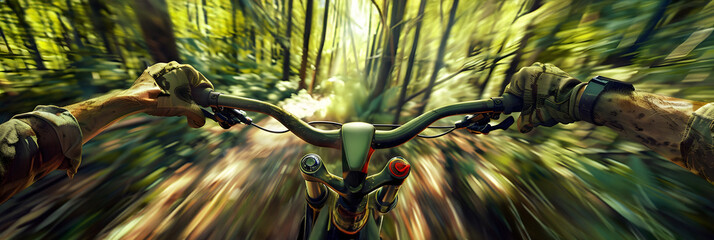 Sticker -  a mountain biker travelling through a forest reaching 