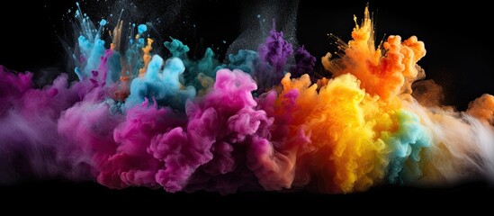 Wall Mural - A vibrant mix of purple, pink, and magenta smoke billowing out of a bottle on a dark background, resembling a plant with colorful petals in a font of grass. Perfect for an entertainment event or show