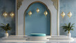 Blue round podium, complemented by lanterns in Arabic style, for product presentations