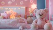 Soft and snug pink children's room with a large teddy bear and glowing heart lights