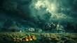 Stormy sky above a serene landscape of houses and coin stacks, depicting the ups and downs of real estate markets