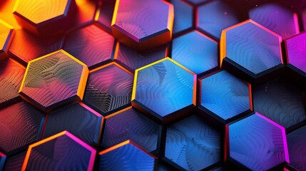 Wall Mural - Vibrant hexagons interlocking in a seamless pattern, evoking the idea of interconnected systems and networks