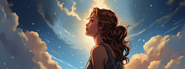 Wall Mural - Comic-Book Inspired Illustration of a Woman Looking Towards the Heavens