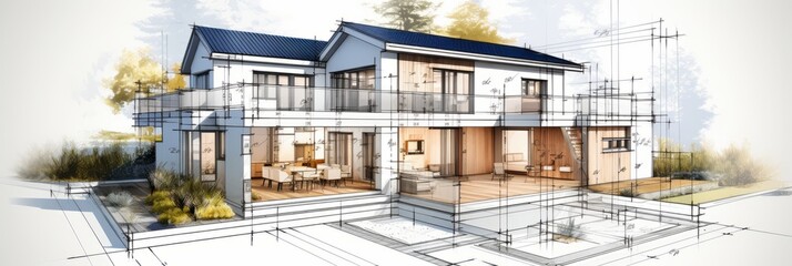 Wall Mural - vision of architecture of a 3d model house project with blueprint