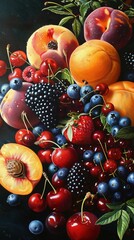 Wall Mural - Close up of mixed summer fruit: berries, peaches, cherries.