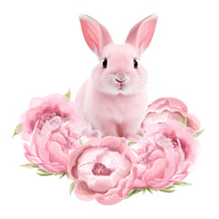 Wall Mural - pink bunny and spring flowers on a transparent background