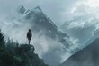 A lone hiker with a backpack gazes upon the majestic misty mountains