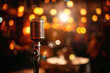 Retro vintage microphone on stage in a pub or bar(restaurant) during a night show.