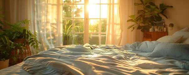 Poster - Comfortable big bed in bedroom with morning sun shining in