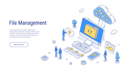 Wall Mural - File management concept. Character search, share and secure transfer documents, folders and other data from devices in cloud database storage. Outline isometric. 3d line vector illustration.