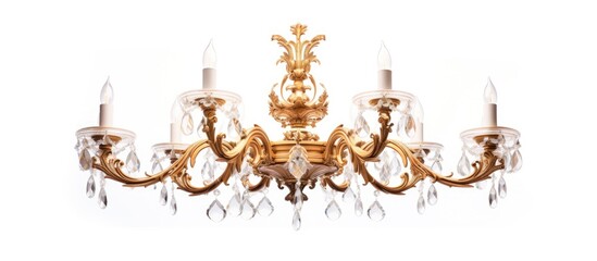 Sticker - a gold chandelier with candles and crystals on a white background . High quality